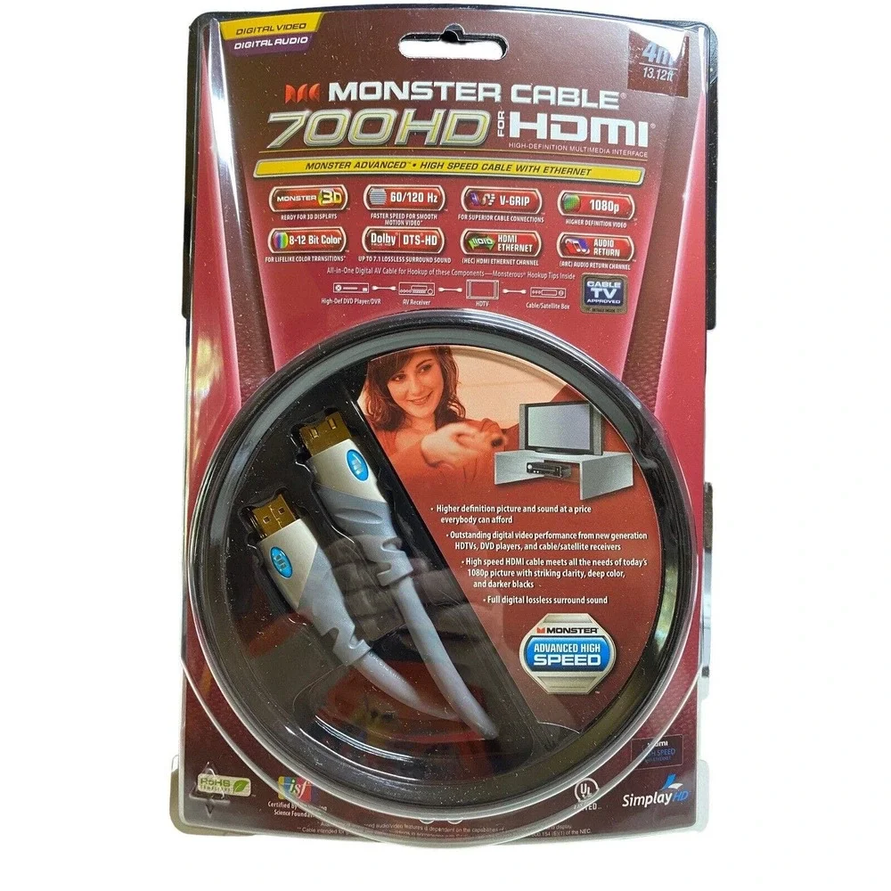 Monster HDMI Cable 700hd 4m Gray 13ft Video & Audio New In Package HD TV